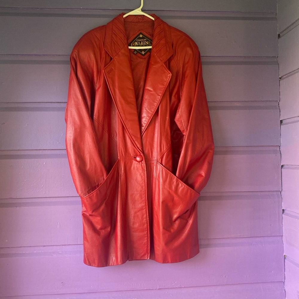 Vintage 80’s Long Red Leather Jacket, Charles Klein, Size Large